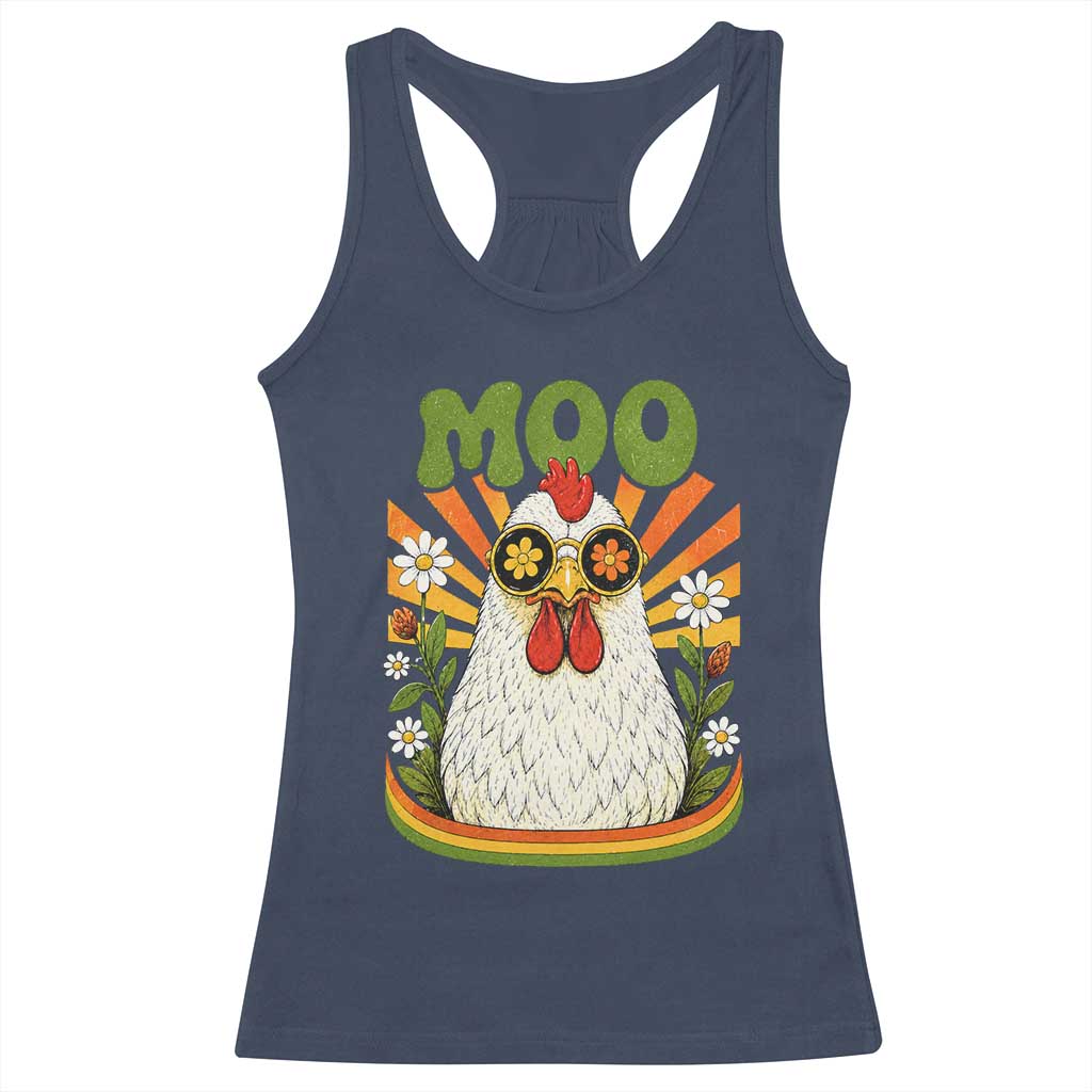 Retro Moo Chicken Wearing Sunglasses Graphic Racerback Tank Top Funny Groovy Farm Animal Pun Vintage Sunburst