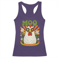 Retro Moo Chicken Wearing Sunglasses Graphic Racerback Tank Top Funny Groovy Farm Animal Pun Vintage Sunburst