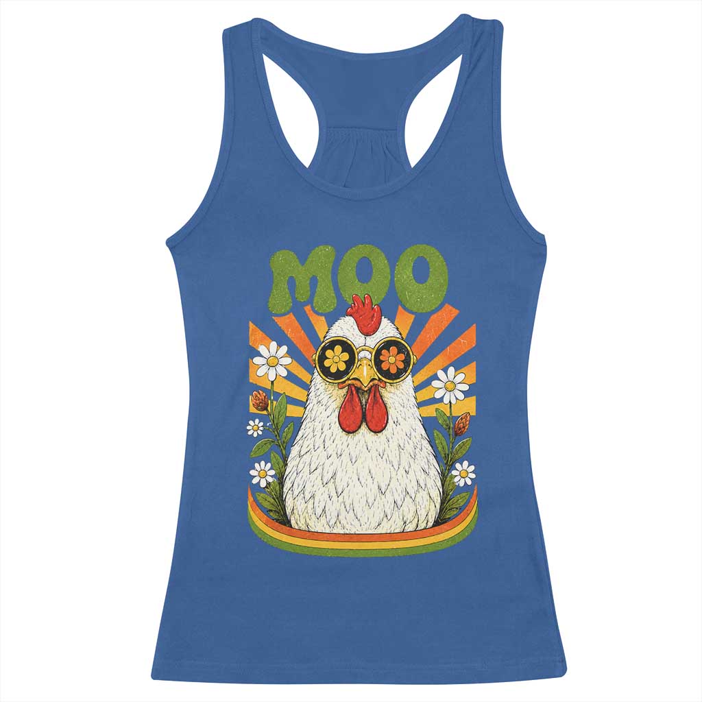 Retro Moo Chicken Wearing Sunglasses Graphic Racerback Tank Top Funny Groovy Farm Animal Pun Vintage Sunburst