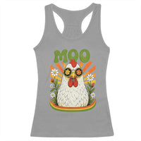 Retro Moo Chicken Wearing Sunglasses Graphic Racerback Tank Top Funny Groovy Farm Animal Pun Vintage Sunburst