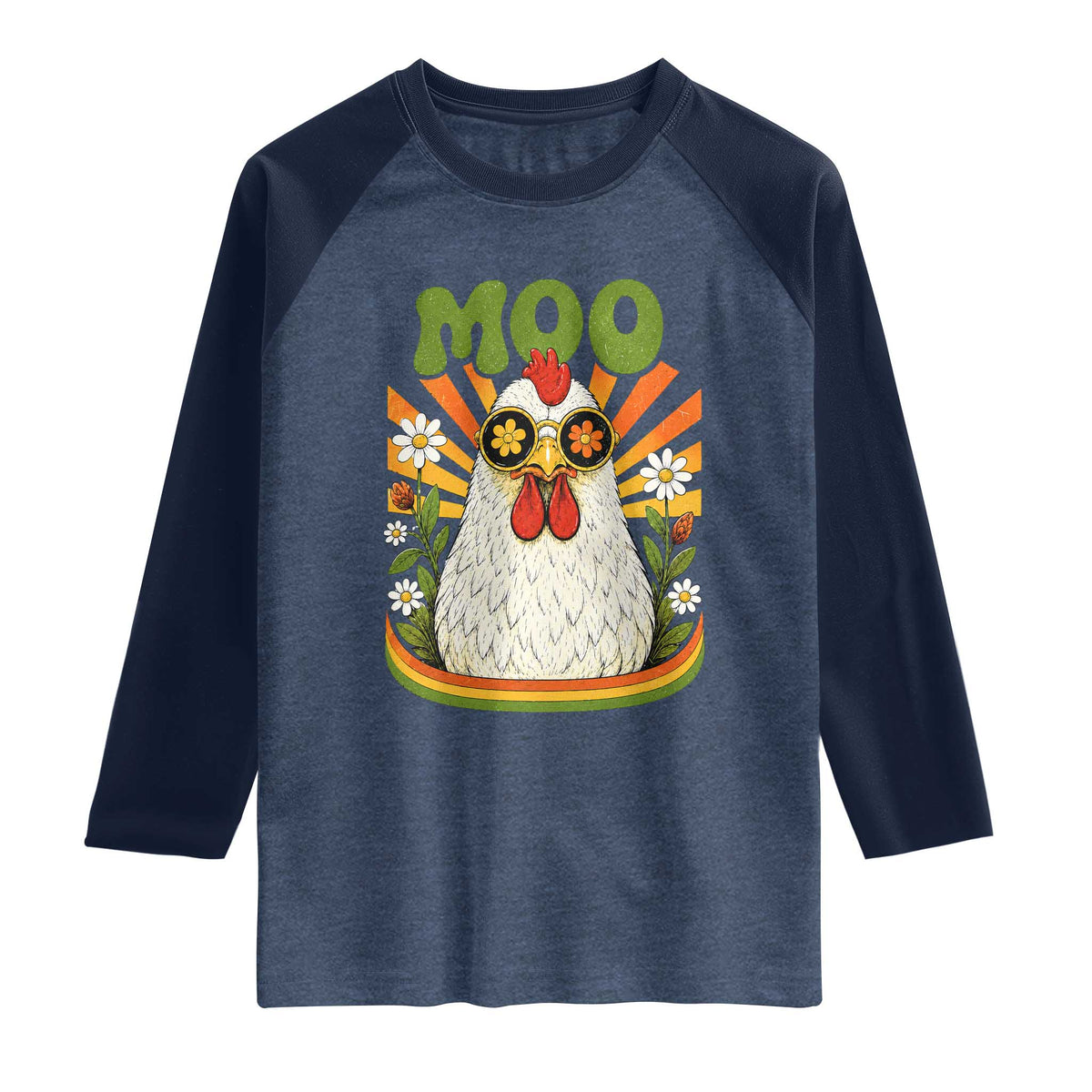 Retro Moo Chicken Wearing Sunglasses Graphic Raglan Shirt Funny Groovy Farm Animal Pun Vintage Sunburst
