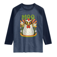 Retro Moo Chicken Wearing Sunglasses Graphic Raglan Shirt Funny Groovy Farm Animal Pun Vintage Sunburst