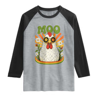 Retro Moo Chicken Wearing Sunglasses Graphic Raglan Shirt Funny Groovy Farm Animal Pun Vintage Sunburst