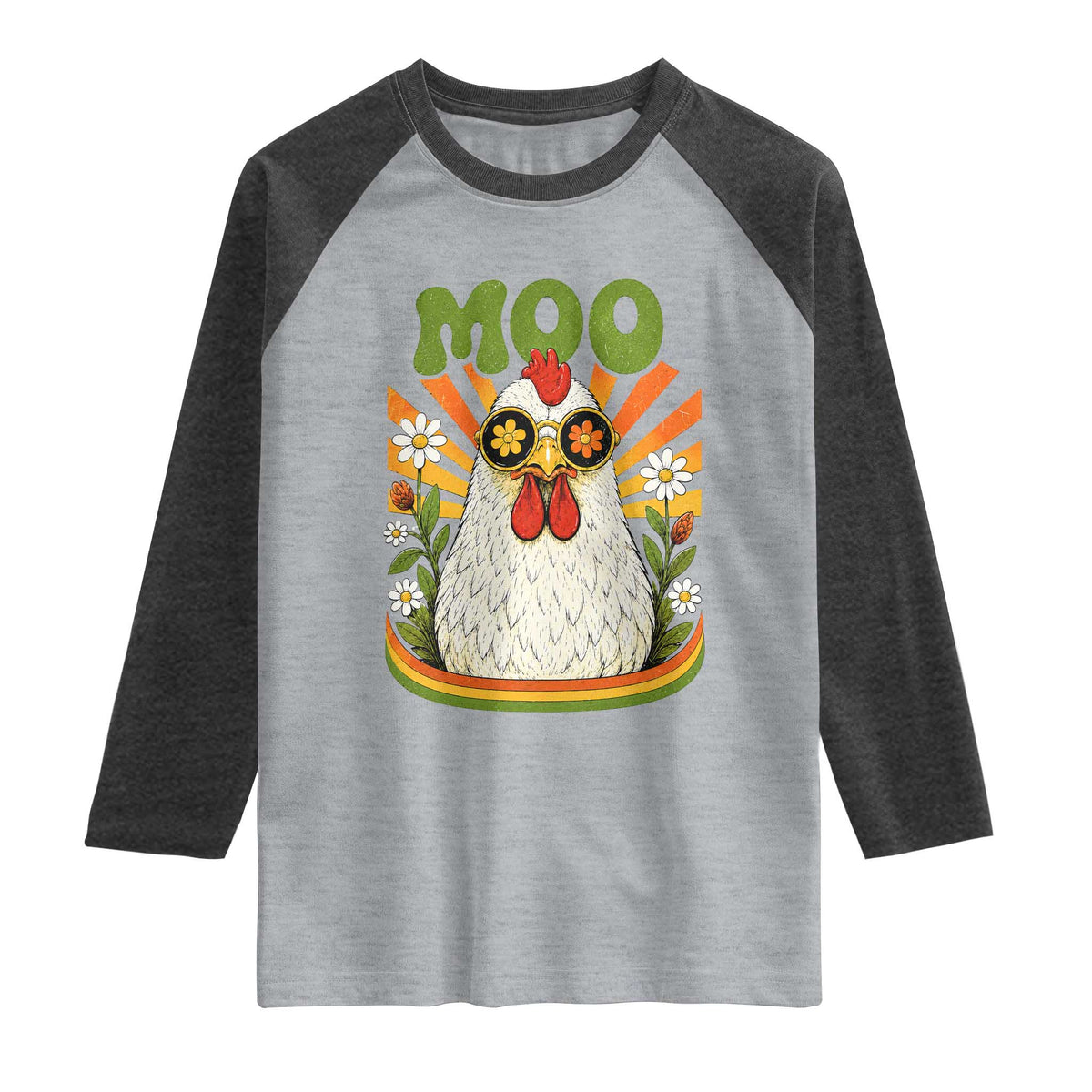 Retro Moo Chicken Wearing Sunglasses Graphic Raglan Shirt Funny Groovy Farm Animal Pun Vintage Sunburst