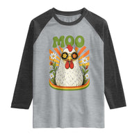 Retro Moo Chicken Wearing Sunglasses Graphic Raglan Shirt Funny Groovy Farm Animal Pun Vintage Sunburst