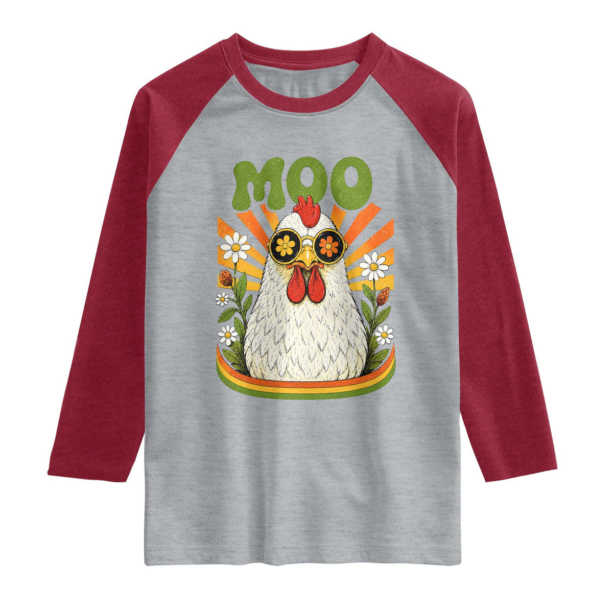 Retro Moo Chicken Wearing Sunglasses Graphic Raglan Shirt Funny Groovy Farm Animal Pun Vintage Sunburst