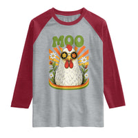 Retro Moo Chicken Wearing Sunglasses Graphic Raglan Shirt Funny Groovy Farm Animal Pun Vintage Sunburst