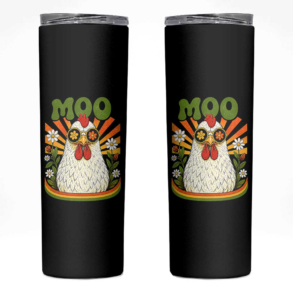 Retro Moo Chicken Wearing Sunglasses Graphic Skinny Tumbler Funny Groovy Farm Animal Pun Vintage Sunburst