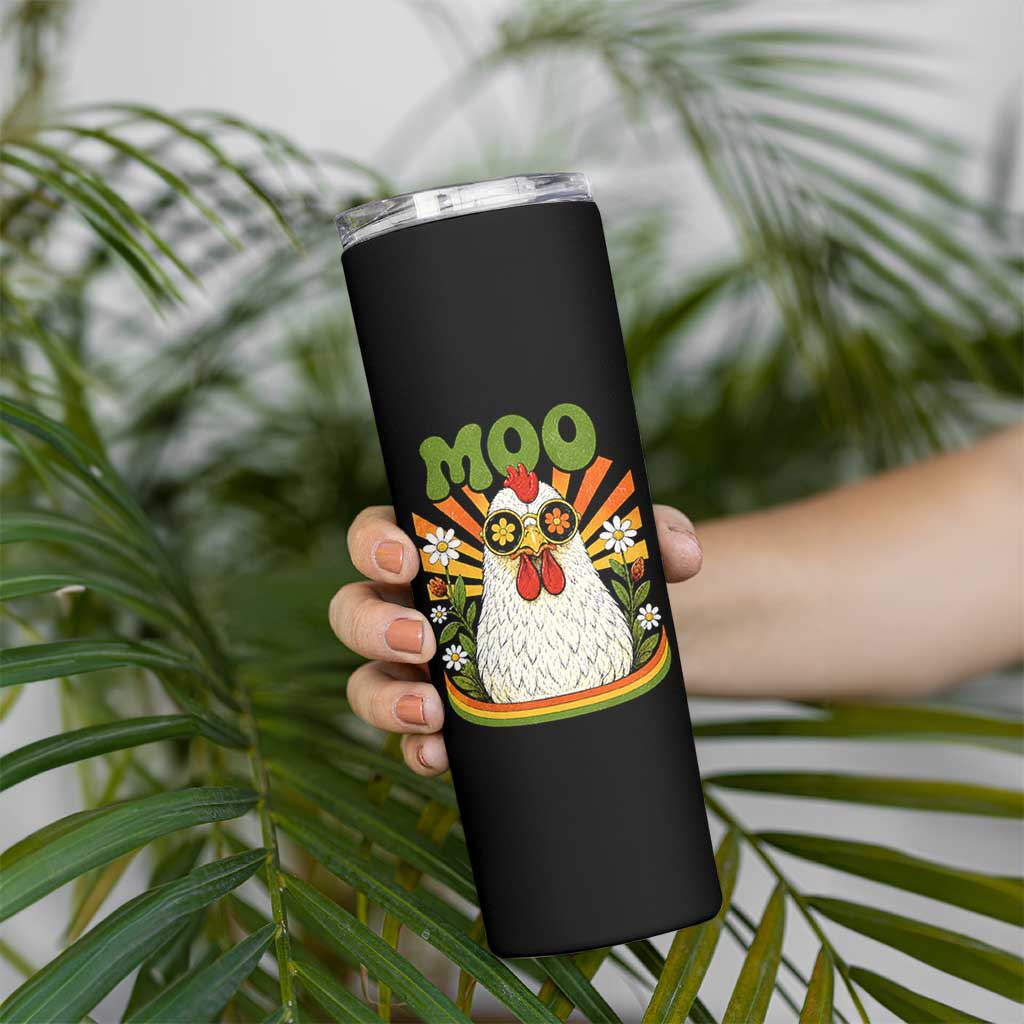 Retro Moo Chicken Wearing Sunglasses Graphic Skinny Tumbler Funny Groovy Farm Animal Pun Vintage Sunburst