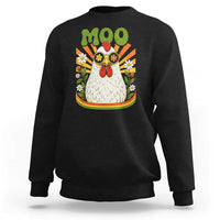 Retro Moo Chicken Wearing Sunglasses Graphic Sweatshirt Funny Groovy Farm Animal Pun Vintage Sunburst