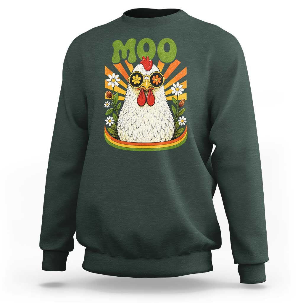 Retro Moo Chicken Wearing Sunglasses Graphic Sweatshirt Funny Groovy Farm Animal Pun Vintage Sunburst