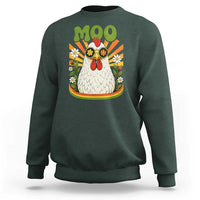 Retro Moo Chicken Wearing Sunglasses Graphic Sweatshirt Funny Groovy Farm Animal Pun Vintage Sunburst