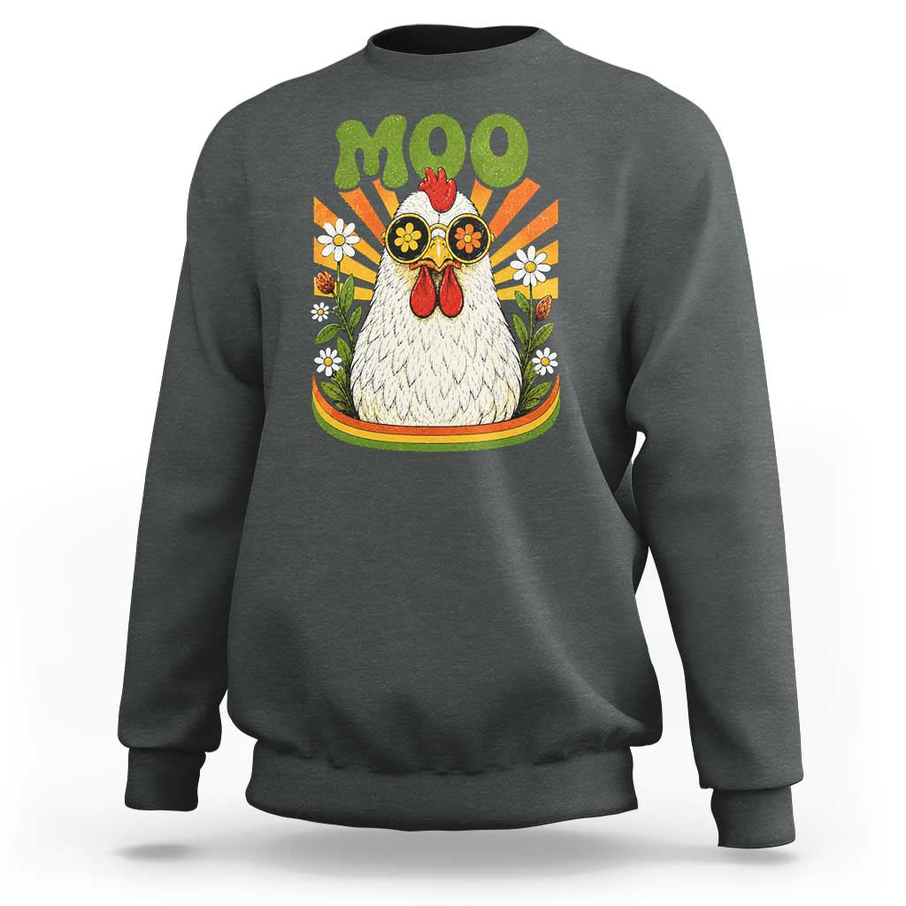Retro Moo Chicken Wearing Sunglasses Graphic Sweatshirt Funny Groovy Farm Animal Pun Vintage Sunburst