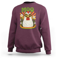 Retro Moo Chicken Wearing Sunglasses Graphic Sweatshirt Funny Groovy Farm Animal Pun Vintage Sunburst