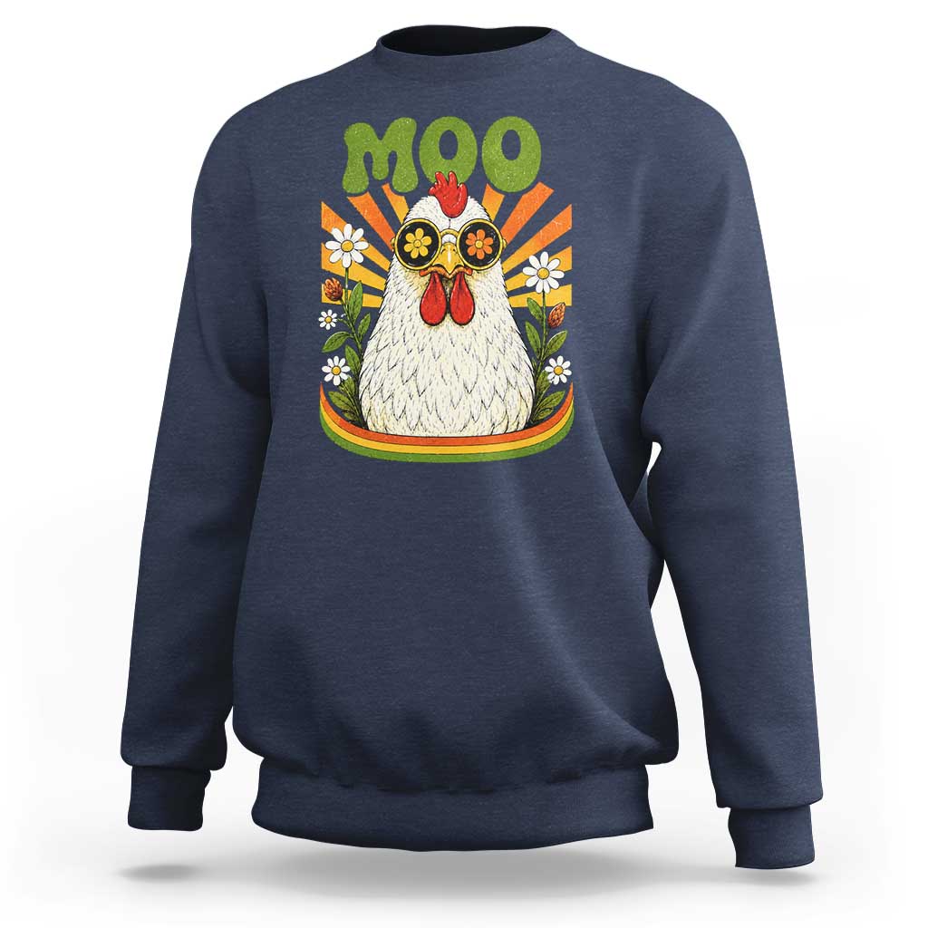 Retro Moo Chicken Wearing Sunglasses Graphic Sweatshirt Funny Groovy Farm Animal Pun Vintage Sunburst