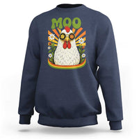 Retro Moo Chicken Wearing Sunglasses Graphic Sweatshirt Funny Groovy Farm Animal Pun Vintage Sunburst