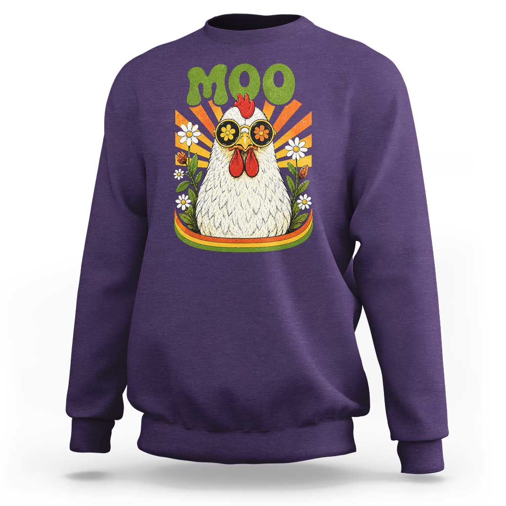 Retro Moo Chicken Wearing Sunglasses Graphic Sweatshirt Funny Groovy Farm Animal Pun Vintage Sunburst