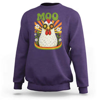 Retro Moo Chicken Wearing Sunglasses Graphic Sweatshirt Funny Groovy Farm Animal Pun Vintage Sunburst