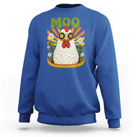 Retro Moo Chicken Wearing Sunglasses Graphic Sweatshirt Funny Groovy Farm Animal Pun Vintage Sunburst
