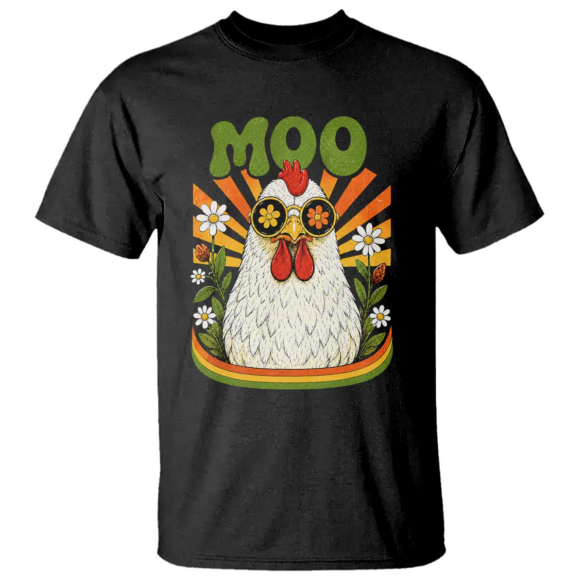 Retro Moo Chicken Wearing Sunglasses Graphic T Shirt Funny Groovy Farm Animal Pun Vintage Sunburst