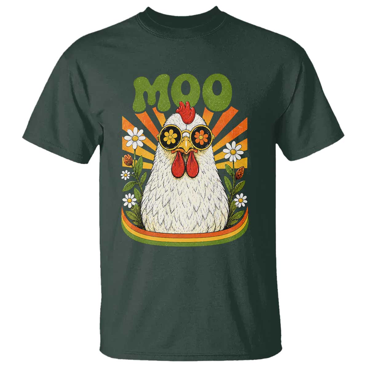 Retro Moo Chicken Wearing Sunglasses Graphic T Shirt Funny Groovy Farm Animal Pun Vintage Sunburst