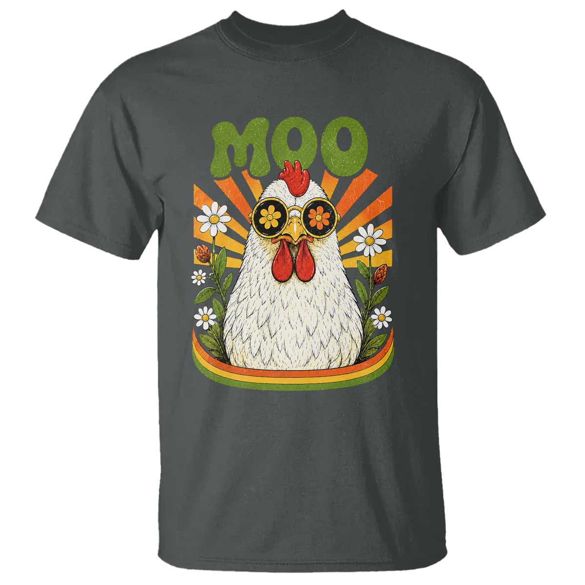 Retro Moo Chicken Wearing Sunglasses Graphic T Shirt Funny Groovy Farm Animal Pun Vintage Sunburst