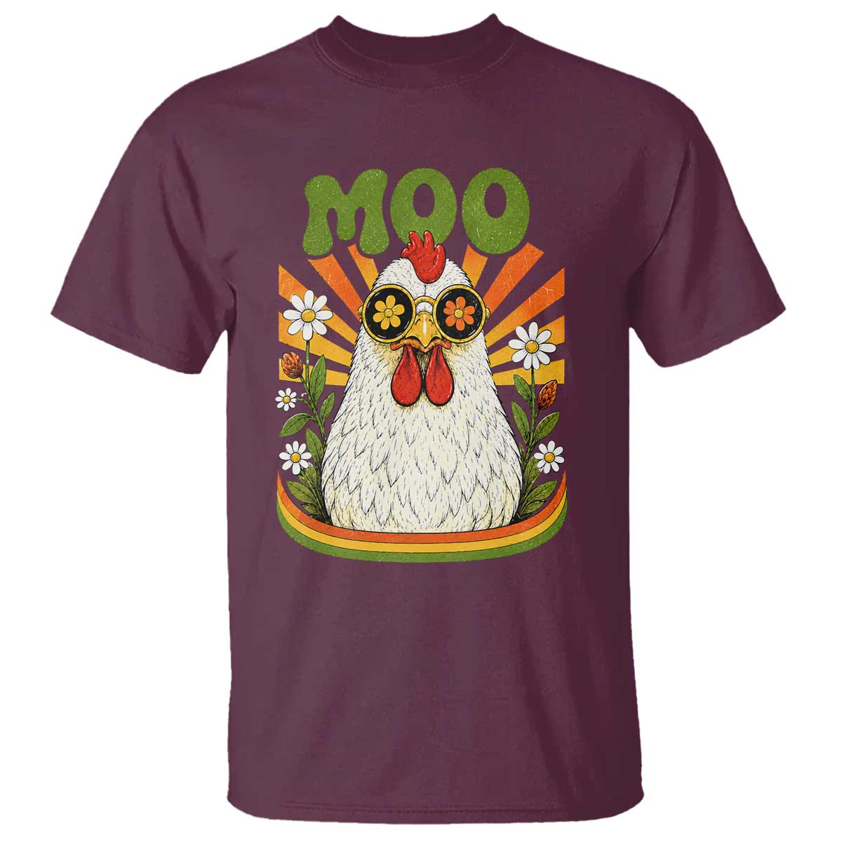 Retro Moo Chicken Wearing Sunglasses Graphic T Shirt Funny Groovy Farm Animal Pun Vintage Sunburst
