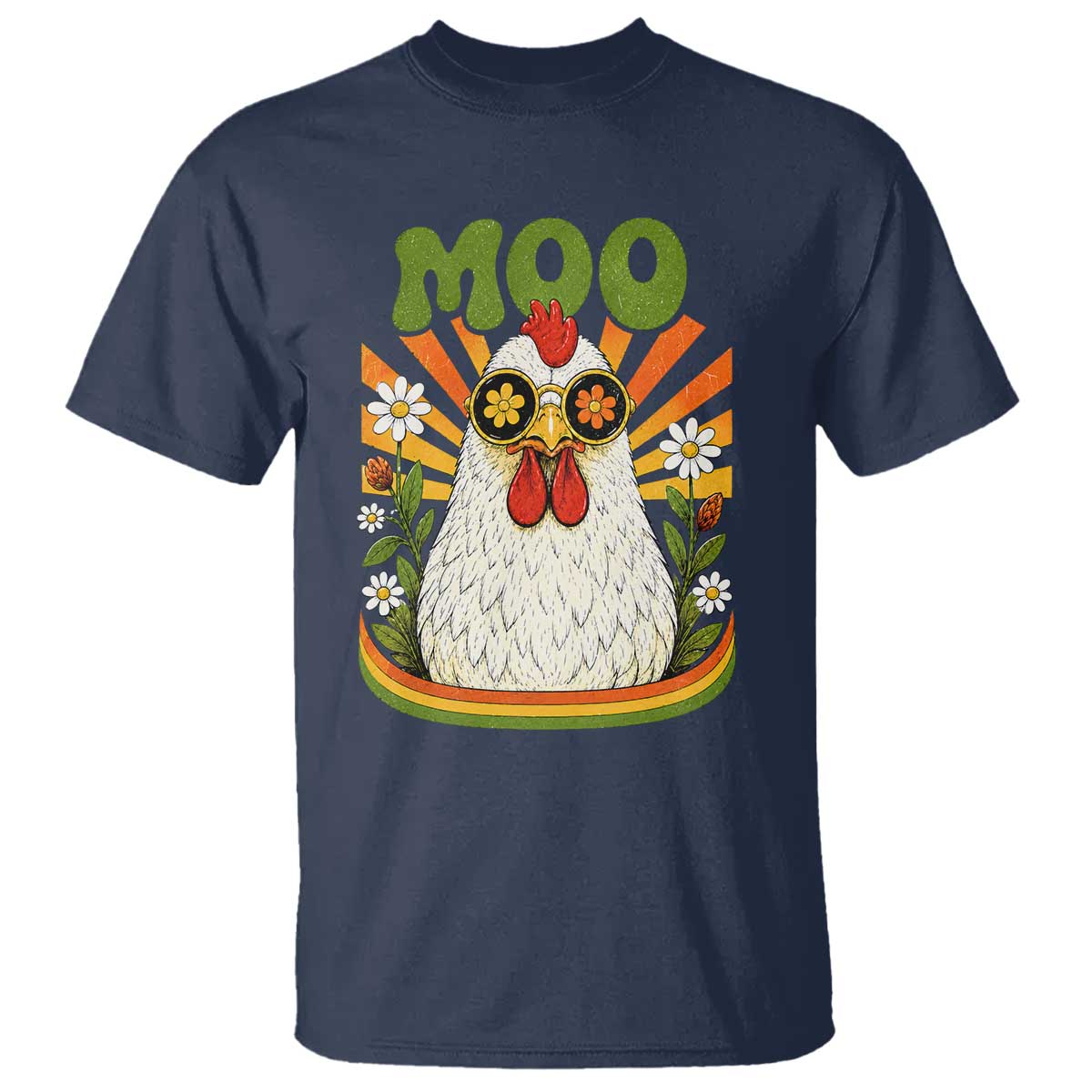 Retro Moo Chicken Wearing Sunglasses Graphic T Shirt Funny Groovy Farm Animal Pun Vintage Sunburst