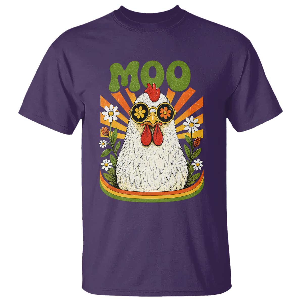 Retro Moo Chicken Wearing Sunglasses Graphic T Shirt Funny Groovy Farm Animal Pun Vintage Sunburst