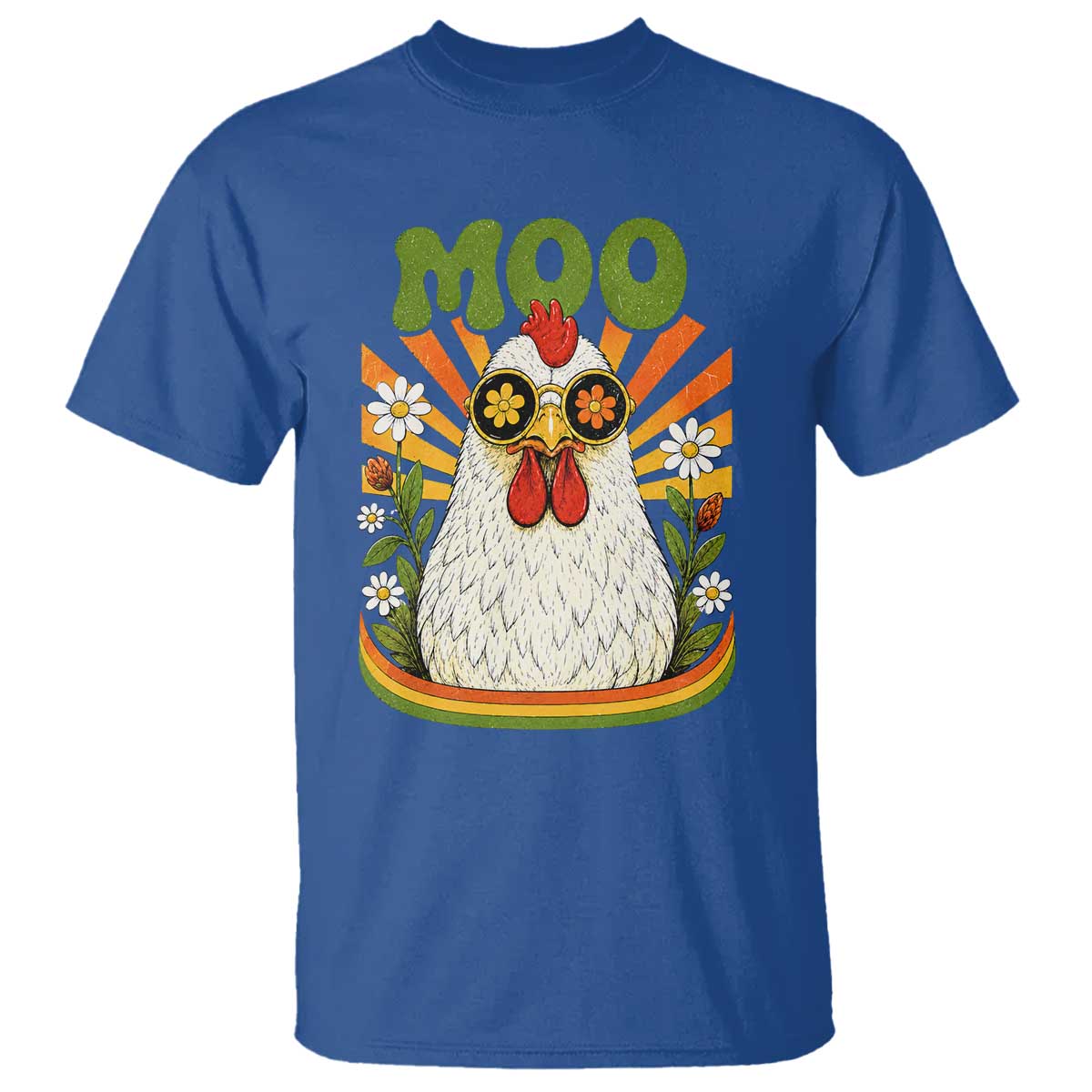 Retro Moo Chicken Wearing Sunglasses Graphic T Shirt Funny Groovy Farm Animal Pun Vintage Sunburst