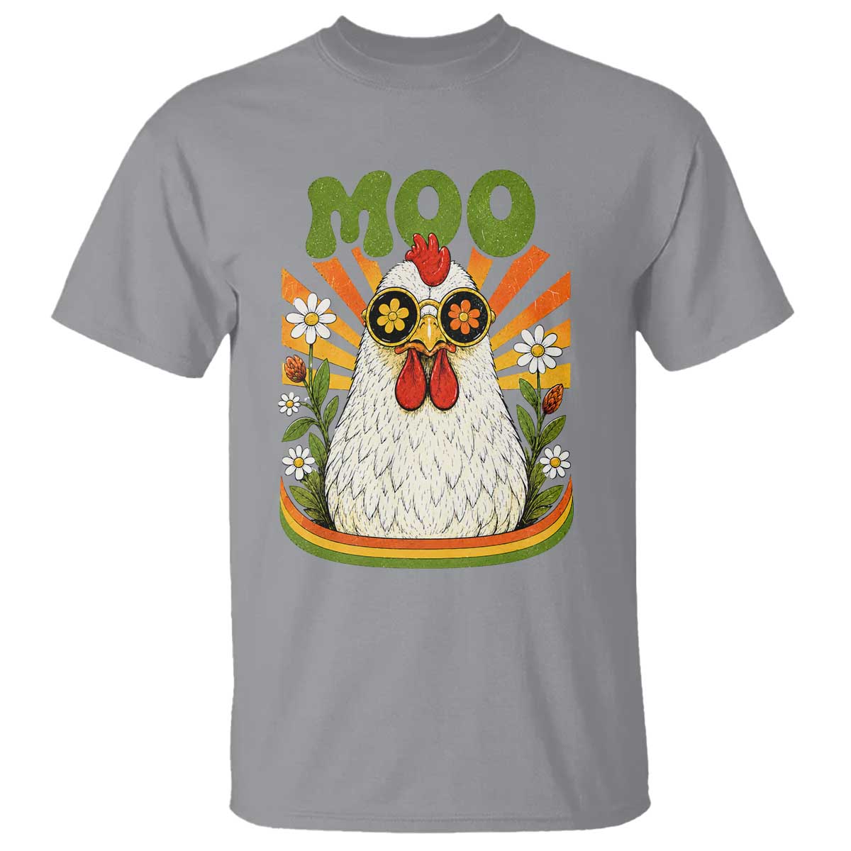 Retro Moo Chicken Wearing Sunglasses Graphic T Shirt Funny Groovy Farm Animal Pun Vintage Sunburst