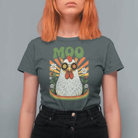 Retro Moo Chicken Wearing Sunglasses Graphic T Shirt For Women Funny Groovy Farm Animal Pun Vintage Sunburst