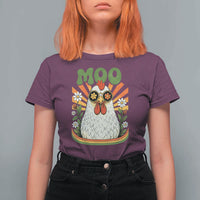 Retro Moo Chicken Wearing Sunglasses Graphic T Shirt For Women Funny Groovy Farm Animal Pun Vintage Sunburst