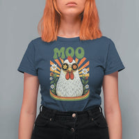Retro Moo Chicken Wearing Sunglasses Graphic T Shirt For Women Funny Groovy Farm Animal Pun Vintage Sunburst