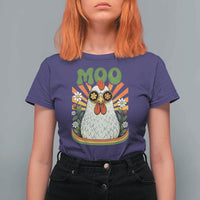 Retro Moo Chicken Wearing Sunglasses Graphic T Shirt For Women Funny Groovy Farm Animal Pun Vintage Sunburst