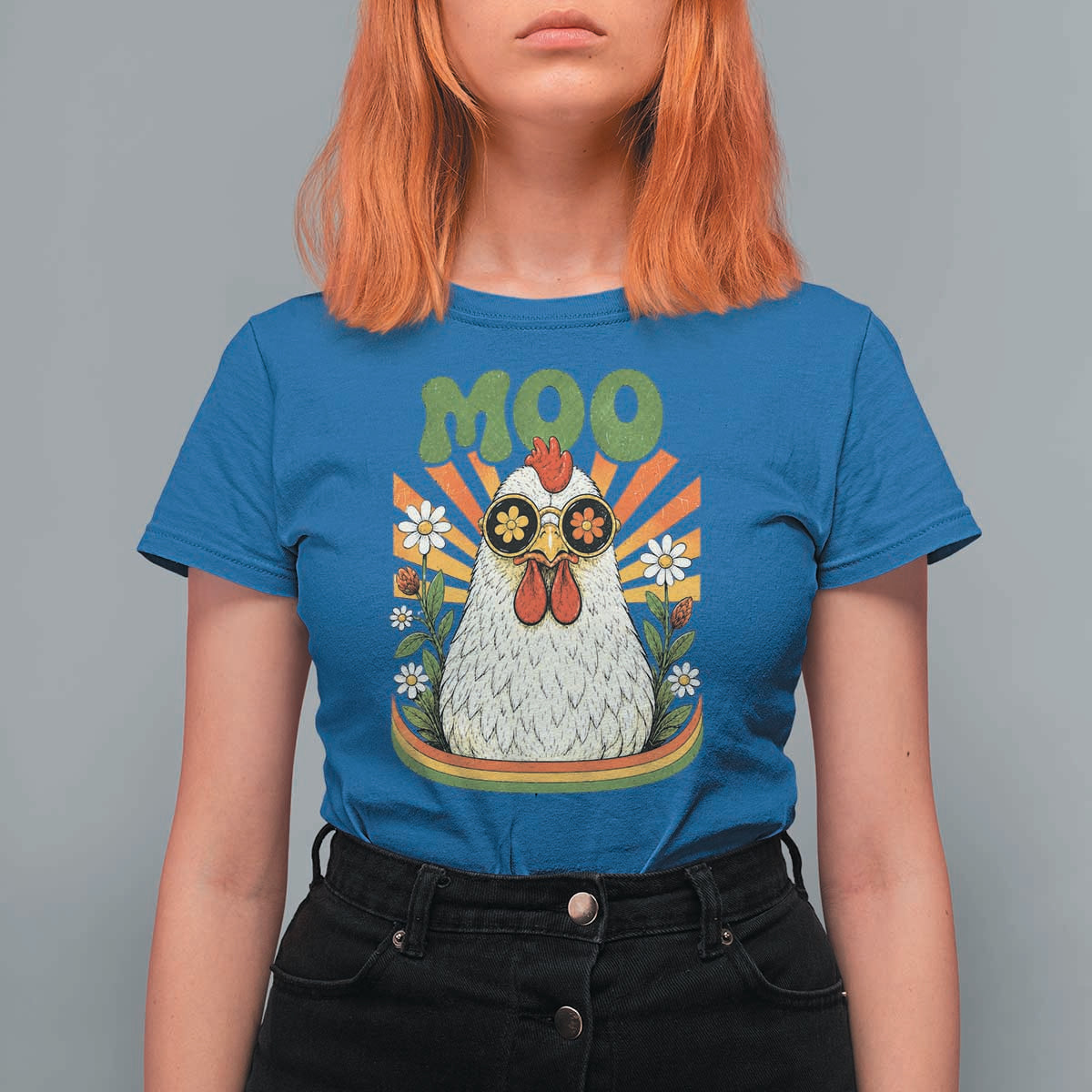 Retro Moo Chicken Wearing Sunglasses Graphic T Shirt For Women Funny Groovy Farm Animal Pun Vintage Sunburst
