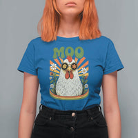 Retro Moo Chicken Wearing Sunglasses Graphic T Shirt For Women Funny Groovy Farm Animal Pun Vintage Sunburst