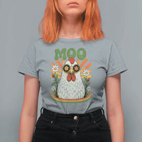 Retro Moo Chicken Wearing Sunglasses Graphic T Shirt For Women Funny Groovy Farm Animal Pun Vintage Sunburst