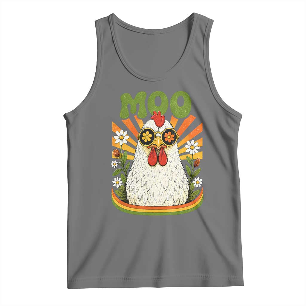 Retro Moo Chicken Wearing Sunglasses Graphic Tank Top Funny Groovy Farm Animal Pun Vintage Sunburst
