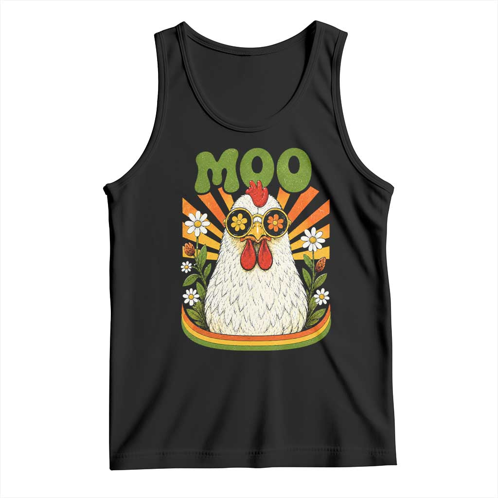Retro Moo Chicken Wearing Sunglasses Graphic Tank Top Funny Groovy Farm Animal Pun Vintage Sunburst