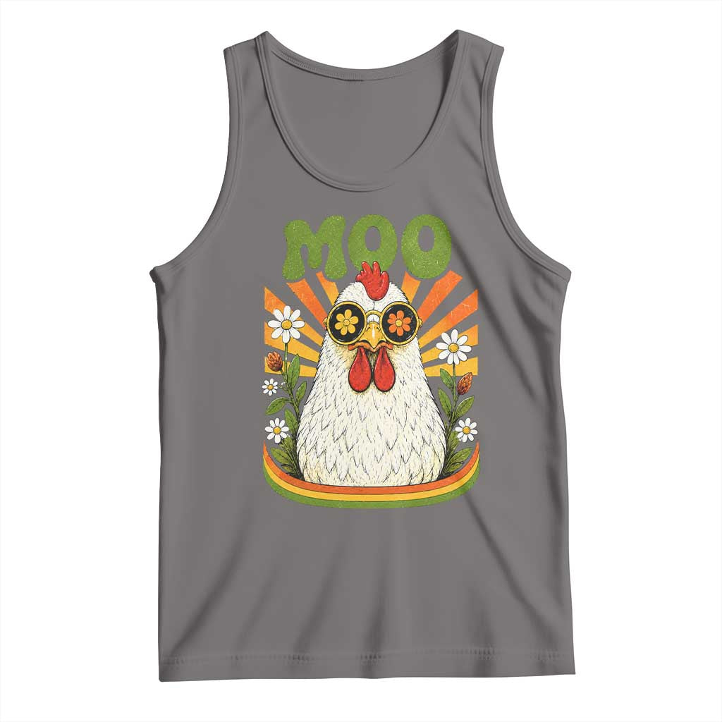 Retro Moo Chicken Wearing Sunglasses Graphic Tank Top Funny Groovy Farm Animal Pun Vintage Sunburst