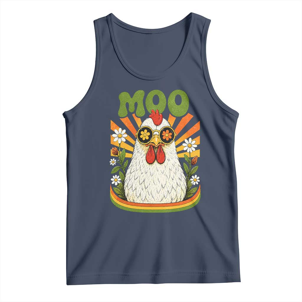 Retro Moo Chicken Wearing Sunglasses Graphic Tank Top Funny Groovy Farm Animal Pun Vintage Sunburst