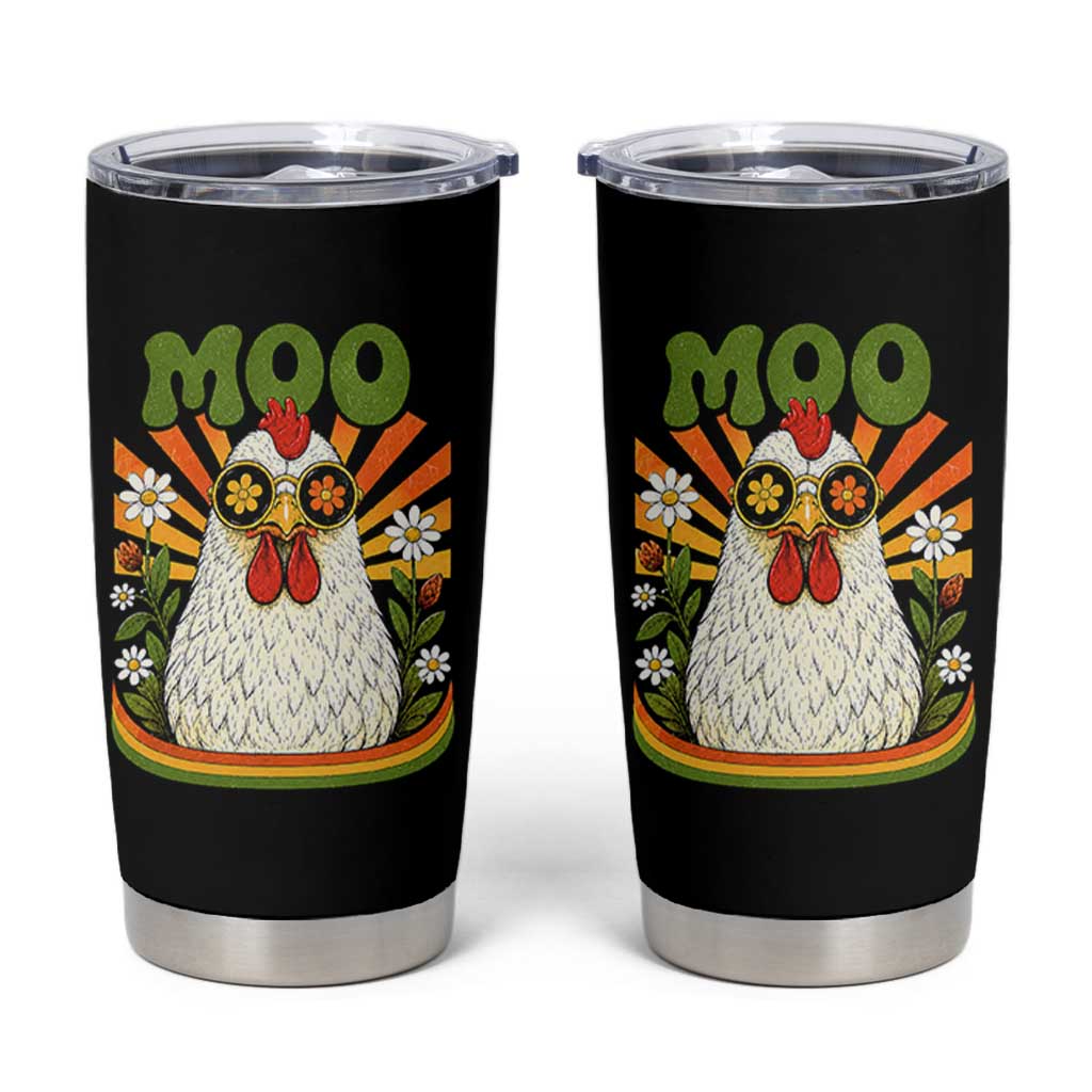 Retro Moo Chicken Wearing Sunglasses Graphic Tumbler Cup Funny Groovy Farm Animal Pun Vintage Sunburst