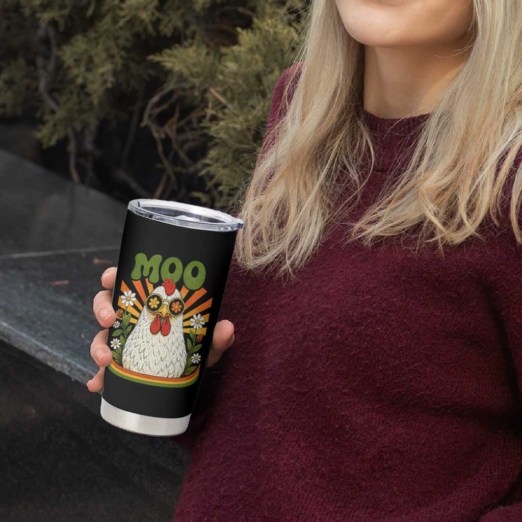 Retro Moo Chicken Wearing Sunglasses Graphic Tumbler Cup Funny Groovy Farm Animal Pun Vintage Sunburst