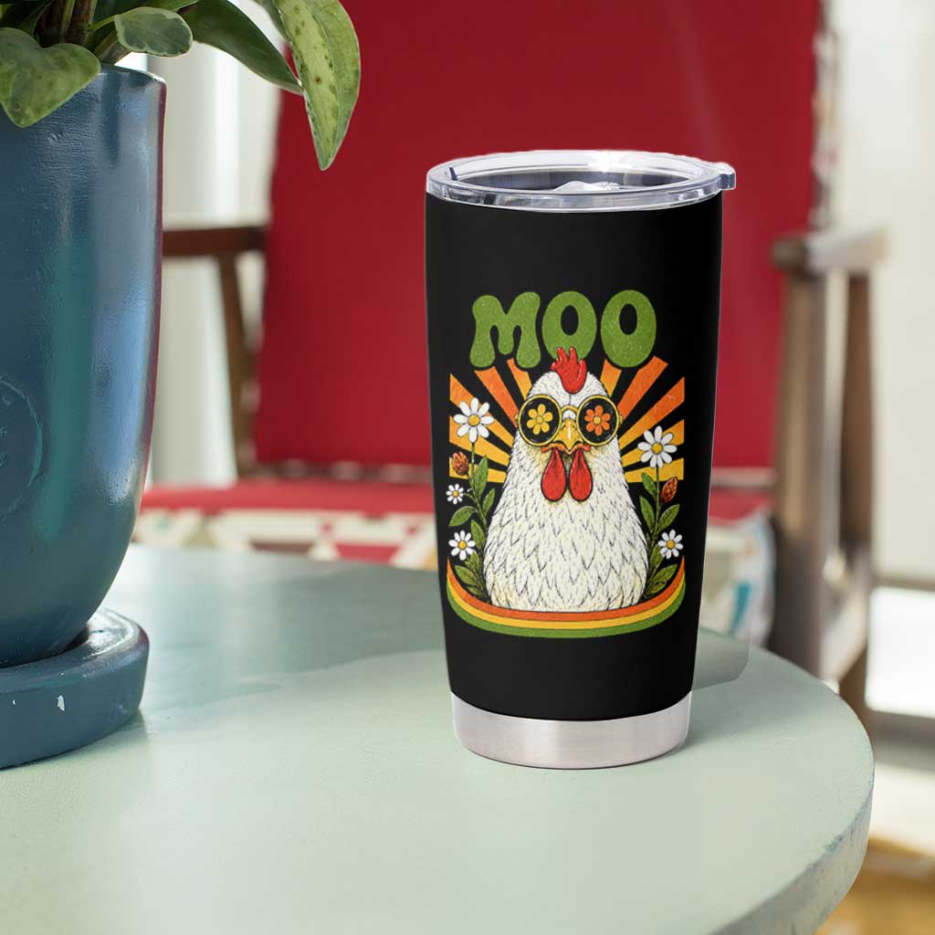 Retro Moo Chicken Wearing Sunglasses Graphic Tumbler Cup Funny Groovy Farm Animal Pun Vintage Sunburst