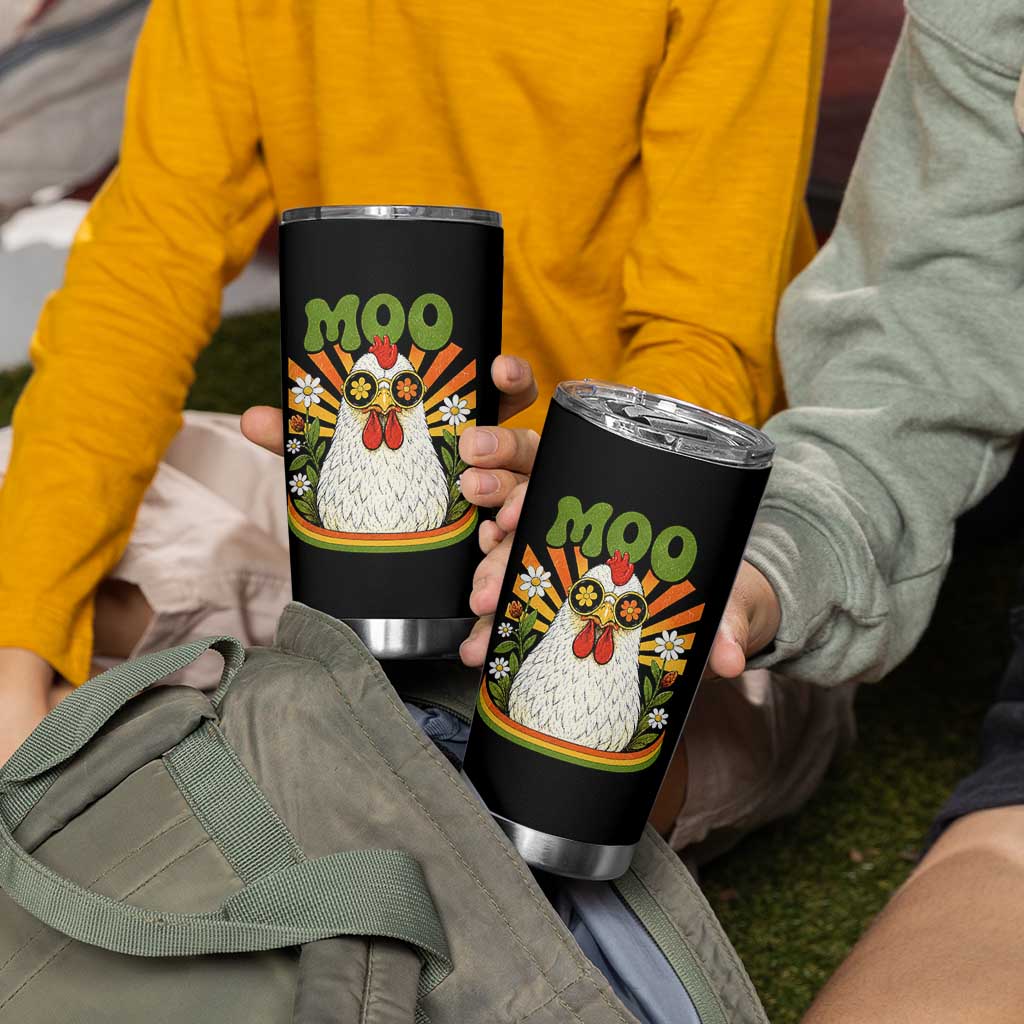 Retro Moo Chicken Wearing Sunglasses Graphic Tumbler Cup Funny Groovy Farm Animal Pun Vintage Sunburst