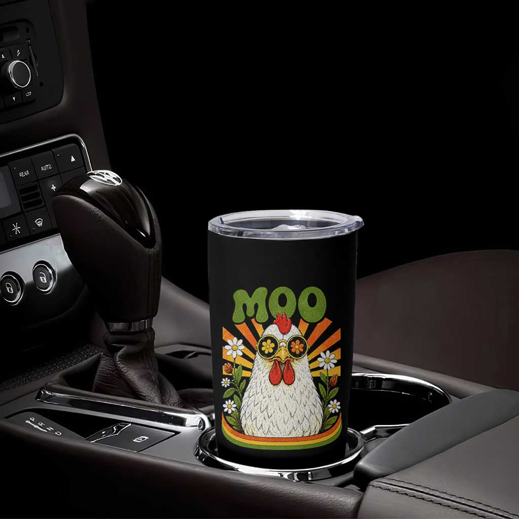 Retro Moo Chicken Wearing Sunglasses Graphic Tumbler Cup Funny Groovy Farm Animal Pun Vintage Sunburst