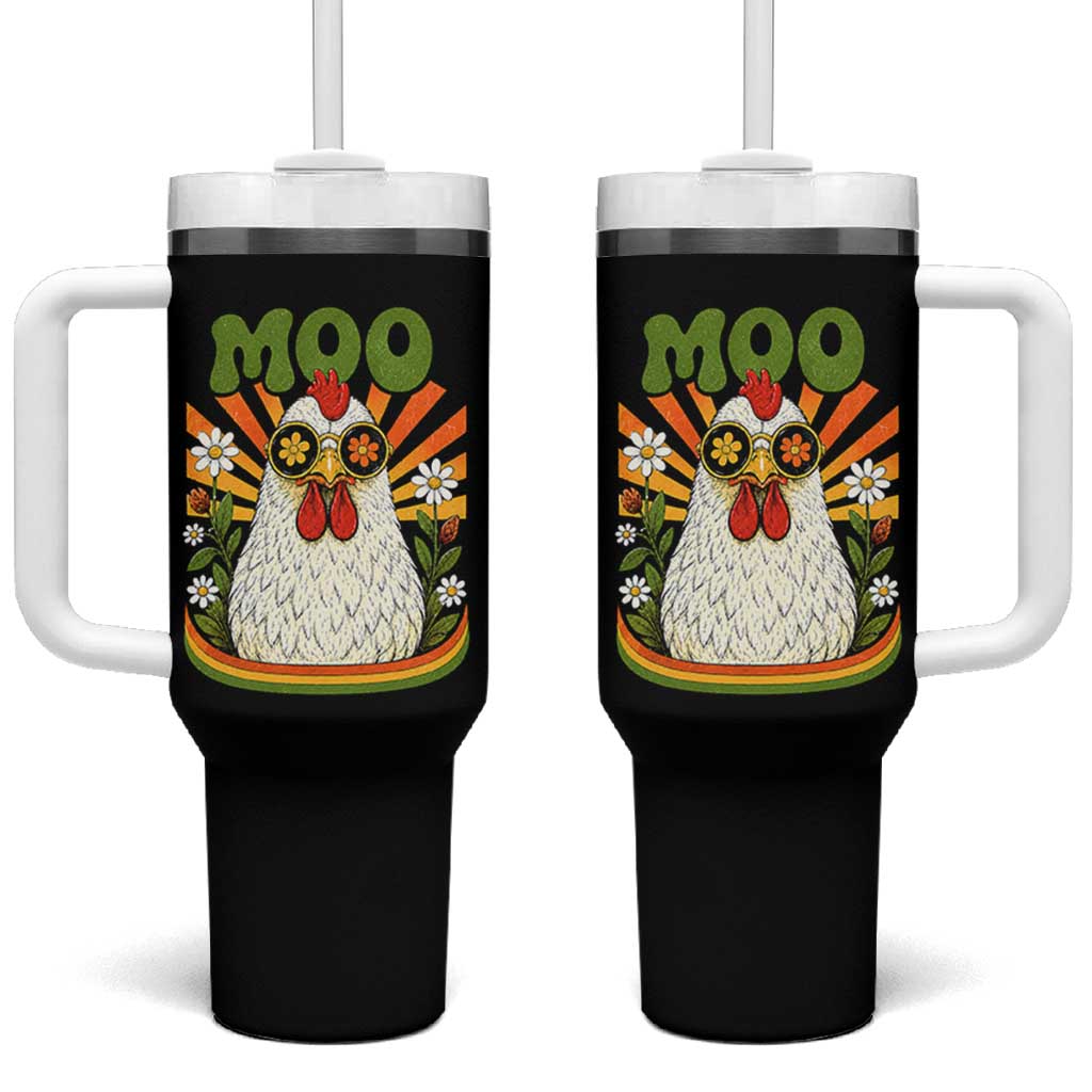 Retro Moo Chicken Wearing Sunglasses Graphic Tumbler With Handle Funny Groovy Farm Animal Pun Vintage Sunburst