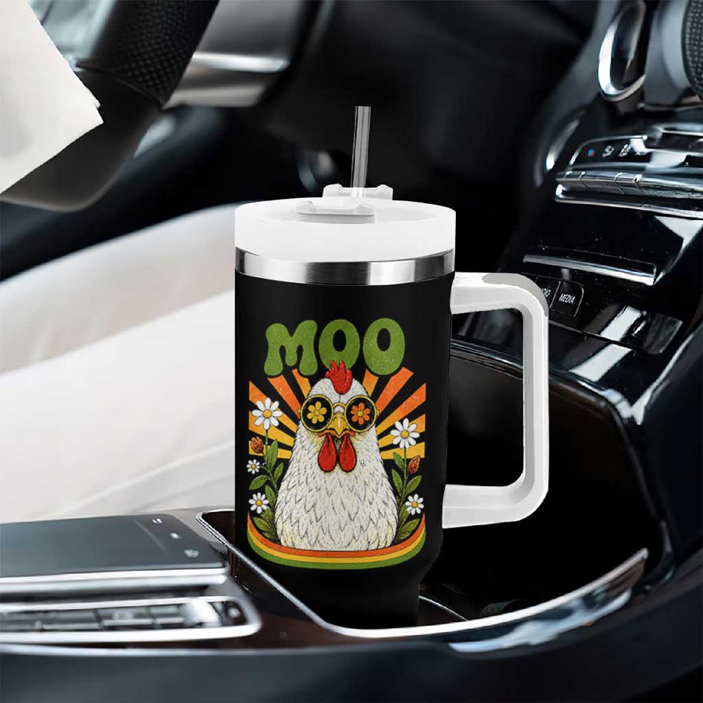 Retro Moo Chicken Wearing Sunglasses Graphic Tumbler With Handle Funny Groovy Farm Animal Pun Vintage Sunburst