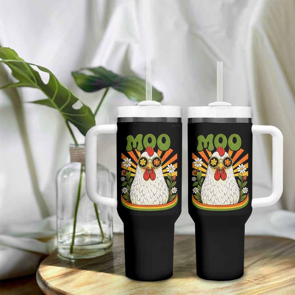 Retro Moo Chicken Wearing Sunglasses Graphic Tumbler With Handle Funny Groovy Farm Animal Pun Vintage Sunburst